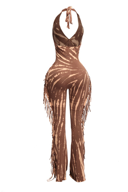 Women's Tie-Dye Halter Jumpsuit with Fringe Detail, Black and White Pattern, Full Length