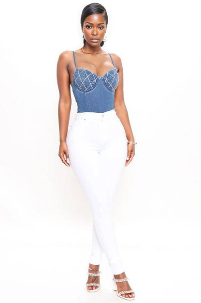 Rhinestone Denim Bodysuit with Geometric Stitching, Sweetheart Neckline, Spaghetti Straps, Medium Wash