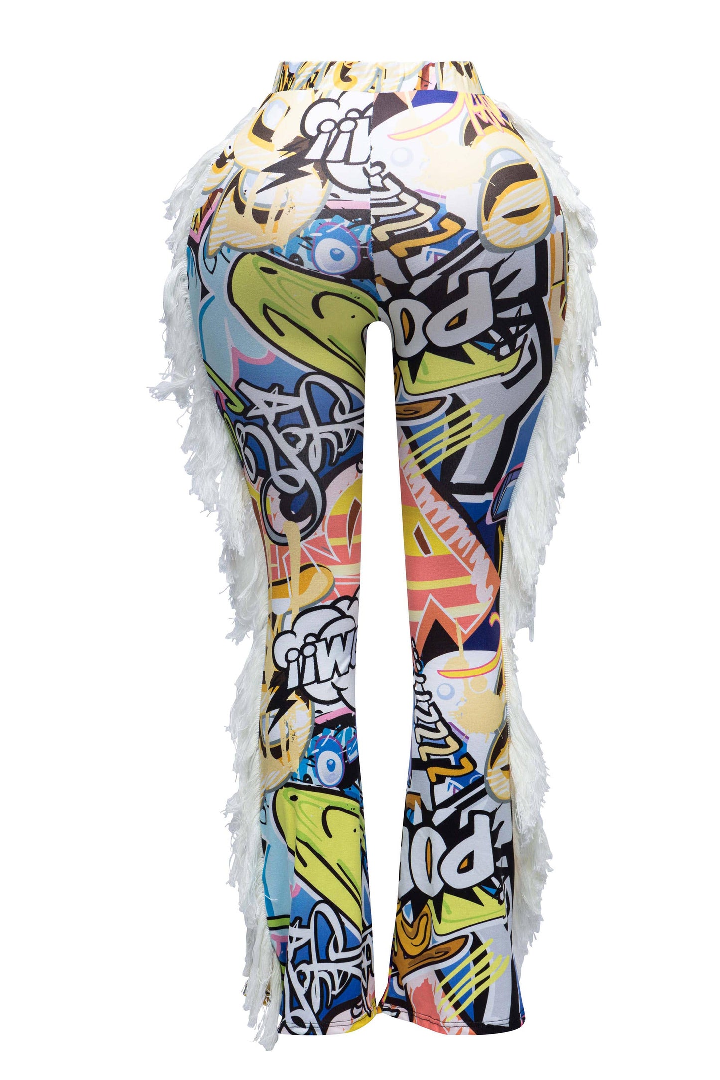 Women's Graffiti Print Leggings with White Fringe Detail, High Waist Street Style Dance Pants