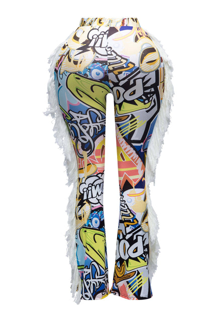 Women's Graffiti Print Leggings with White Fringe Detail, High Waist Street Style Dance Pants