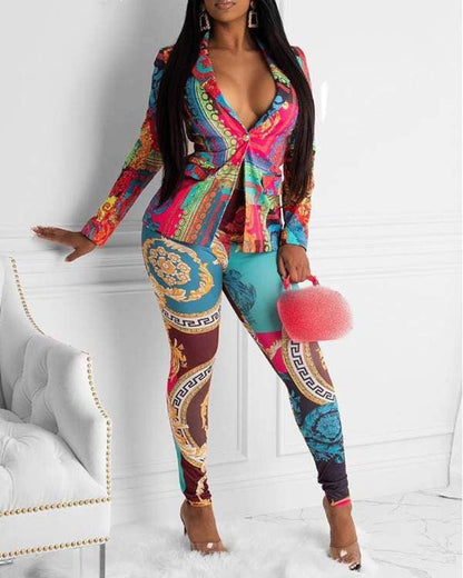 Women's V-Neck Long Sleeve Jumpsuit, Colorful Abstract Print, Fitted Design with Paisley Pattern Blazer