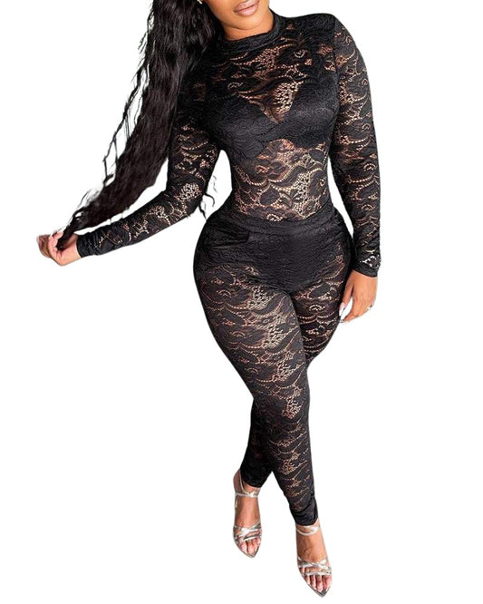 Women's Sheer Lace Jumpsuit, Long Sleeve, Floral Pattern, Black