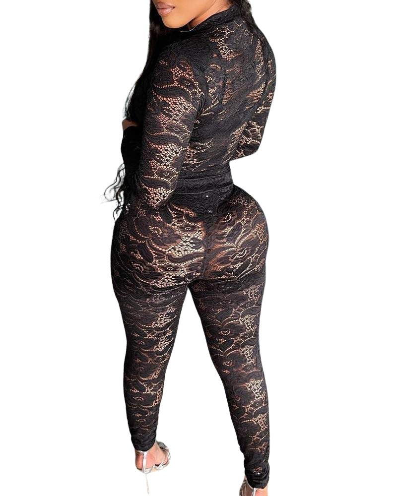 Women's Sheer Lace Jumpsuit, Long Sleeve, Floral Pattern, Black