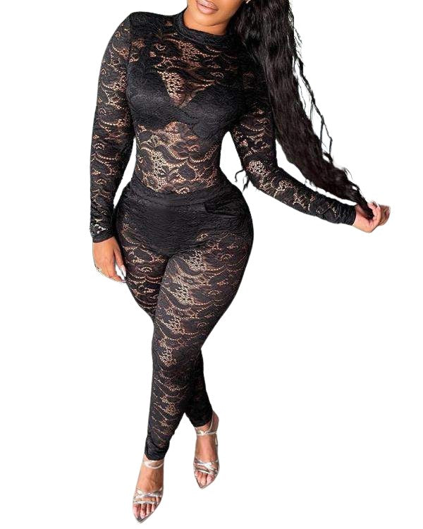 Women's Sheer Lace Jumpsuit, Long Sleeve, Floral Pattern, Black